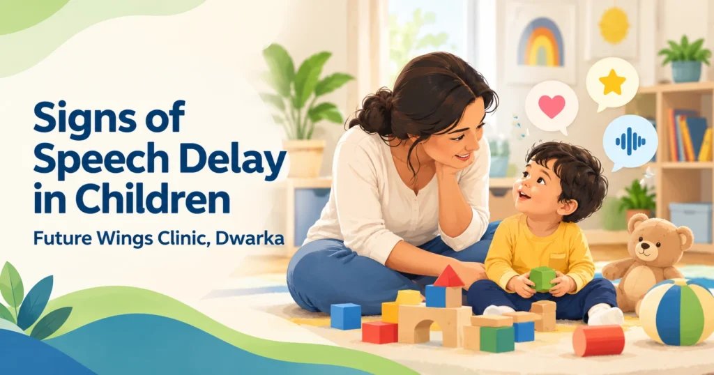 Parent and toddler playing with blocks on the floor, illustrating signs of speech delay and early speech support